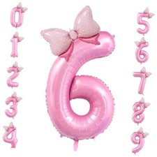 40 inch Number 6 Balloon with Bow Pink Happy Birthday Jumbo Pink Number 6