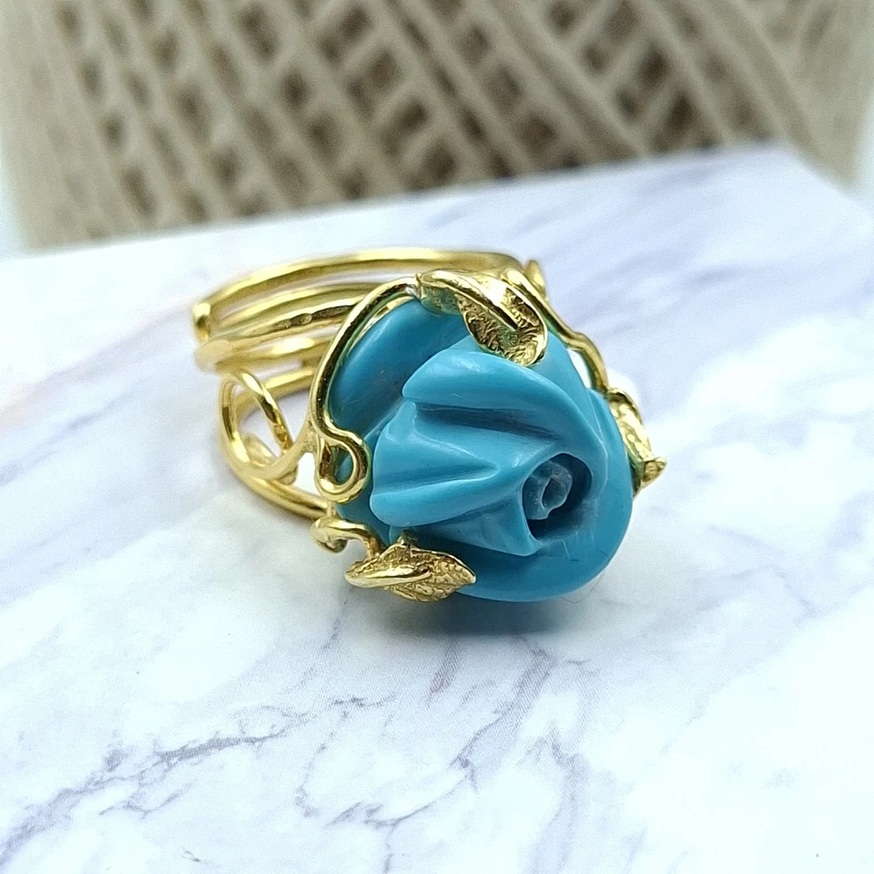 Anello Fiore Rosa Pasta di Turchese Argento 925 Oro Giallo 18 KT Artigianale - Immagine 4 di 4