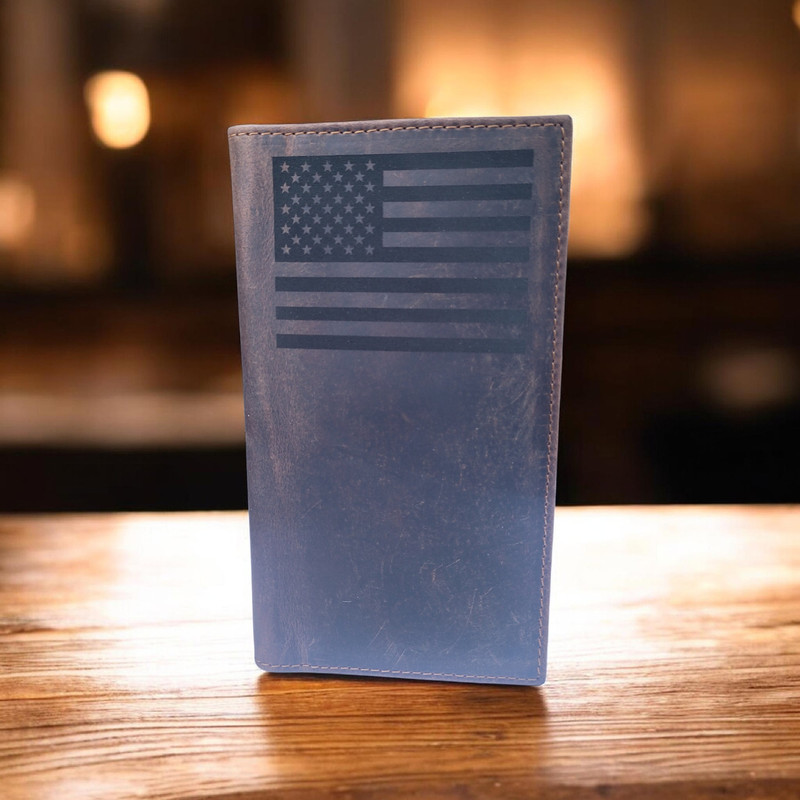 Western Buffalo Leather Rodeo Wallet RFID Blocking Bi-Fold Long Wallet US Flag
