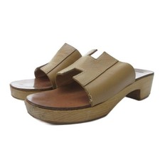 HERMES H Motif Sandals Leather Wood Sole Beige 23.0cm Women's