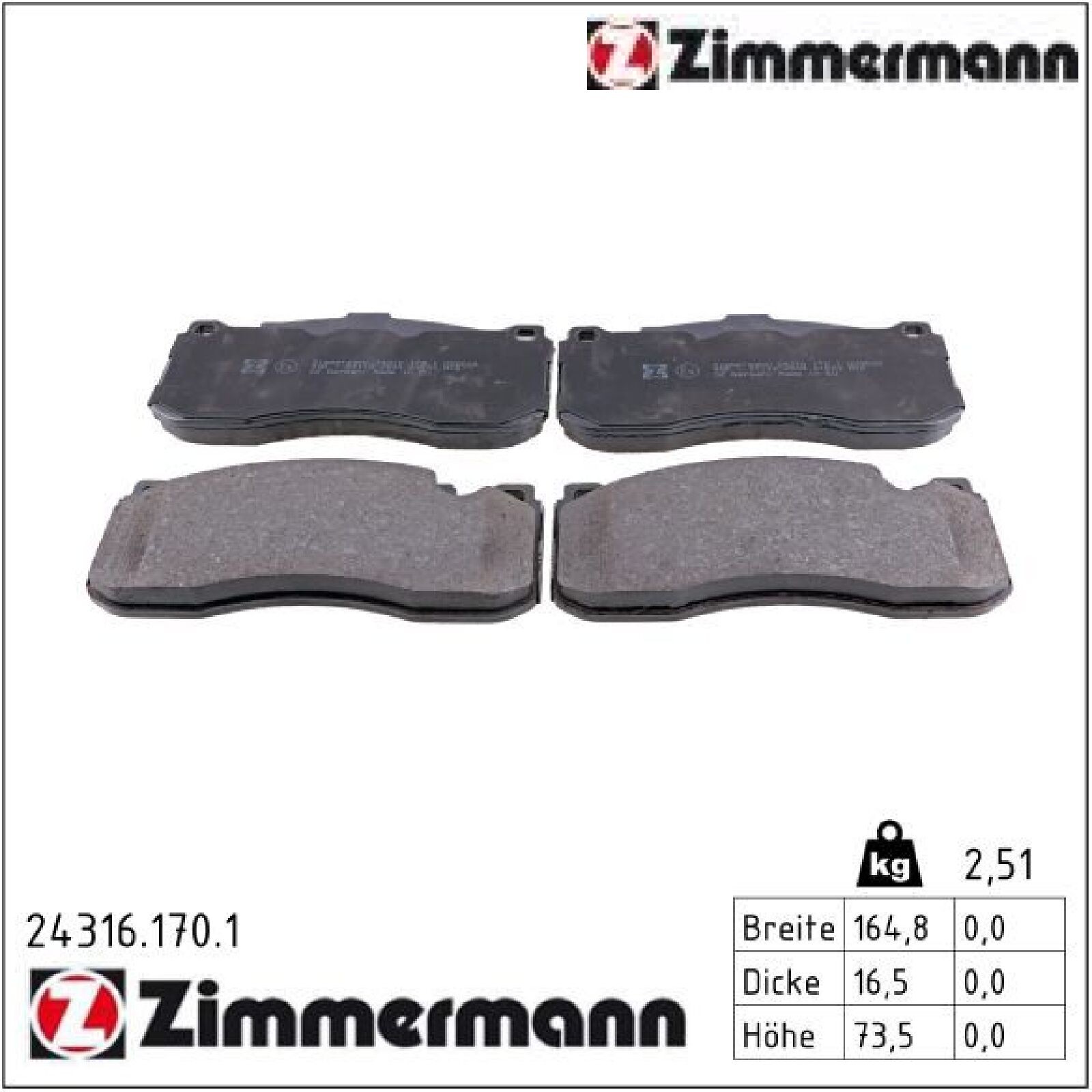 Zimmermann 24316.170.1 Bremsbelagsatz für Scheibenbremse Bremsbelagsatz