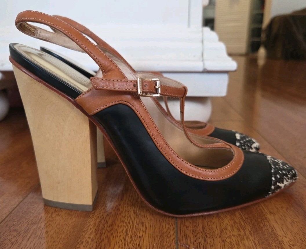 Coach Women's Sz 8.5B Shoes Brown T-Strap/Black/Wooden Block Heel/Snakeskin Toes