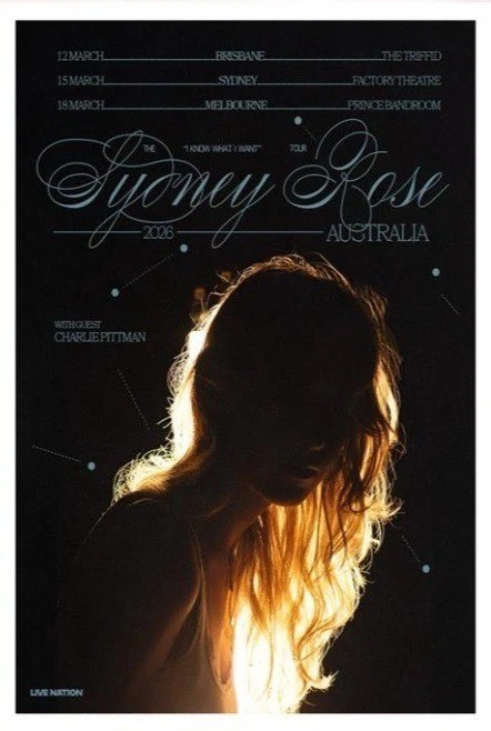 Póster de la gira Sydney Rose 2026 Australia - Arte de pared de concierto "I Know What I Want"