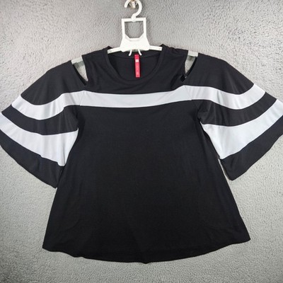 IC Collection Womens Black Cold Shoulder Bell Sleeve Striped Blouse Large