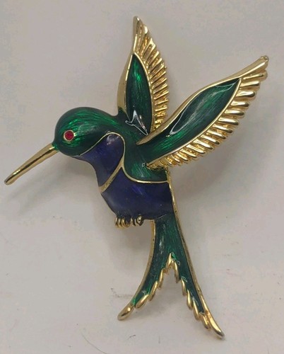 Spilla vintage colibrì smaltata verde blu tono oro spilla alta 3" - Foto 6 di 6