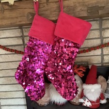 1 Hot Pink Sequined Velvet Christmas Stocking Shiny Metallic Glam Target Bling