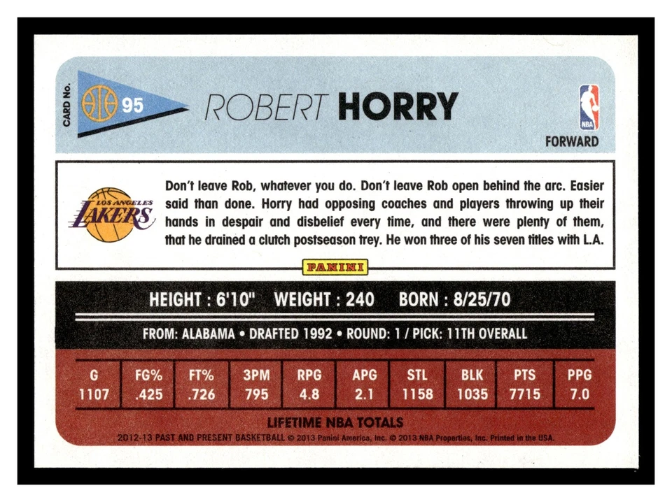 Robert Horry #95 2012-13 Panini Past & Present Los Angeles Lakers - Image 2 of 2