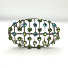 Vintage Silver Tone Green and AB Rhinestone Oval Openwork Belt Buckle 3.25 Inch