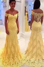 Light Yellow Mermaid Wedding Dresses Lace Applique Off Shoulder Bridal Gowns