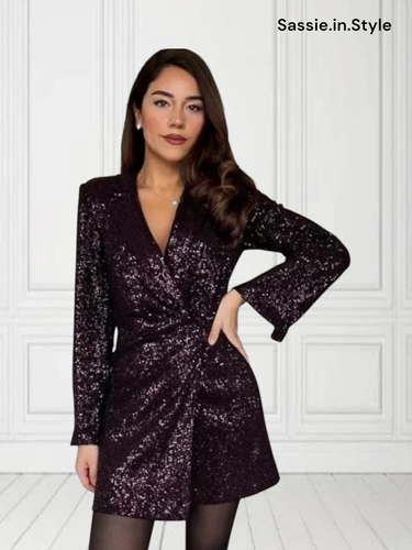 ZARA MINI VESTIDO BLAZER CORTO LENTEJUELAS PUERTO MORADO ESTILO ENVOLVENTE NUEVO TALLA M - Imagen 2 de 6