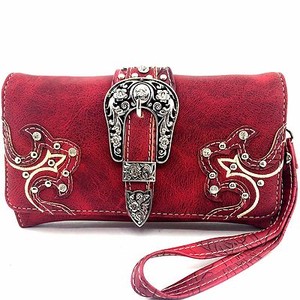 Western Cowgirl Rhinestone Buckle Red Luxurious Wristlet Wallet Long Strap