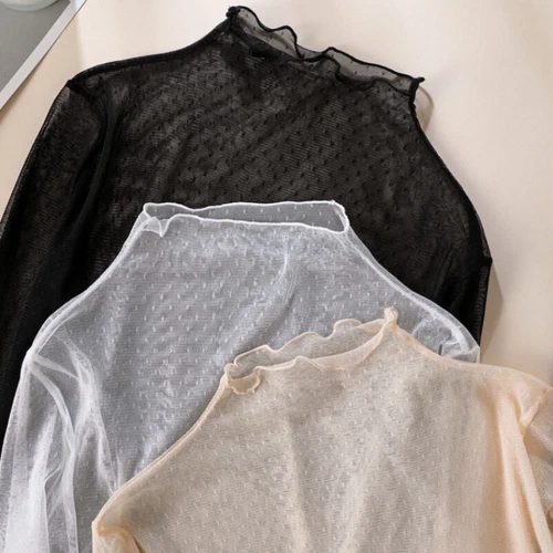 Damen transparentes Netz T-Shirt Bluse Langarm schmal Pullover Stehkragen Tops Shirt - Bild 9 von 17