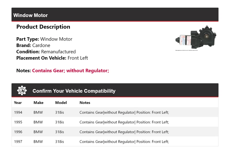Motor ventana delantero izquierdo cardone 1995 1996 bmw 318is 1994-1997 Foto 2 de 4