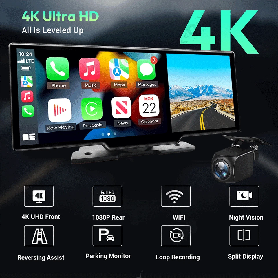 4K 10.26" Portable Apple Carplay Android Auto Display Vorne Rückfahrkamera DE - Bild 2 von 4