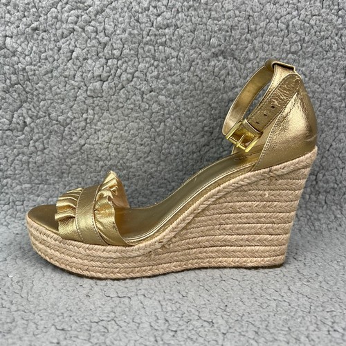 Michael Kors Sandals Womens 8.5 Shoe Gold Wedges Bella Espadrille Platform Strap - Picture 2 of 12