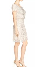 Adrianna Papell Short Sleeve Beaded Blouson Dress in Shell Pink 8 Cocktail