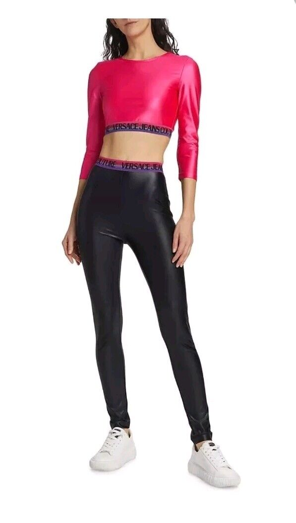 デニム・ジーパン VERSACE JEANS LEGGINGS WITH LOGOED BAND Versace Jeans Couture Logo Band Leggings Women's 44 Black