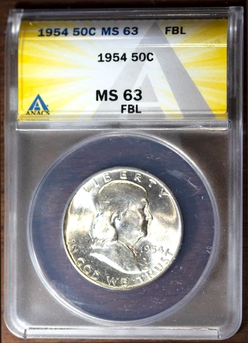 1954 50c Silver Franklin Half-dollar MS 63 FBL ANACS # 7472067 + Bonus