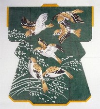 Song Birds LG. Green Japanese Kimono Oriental handpainted Needlepoint Canvas LEE