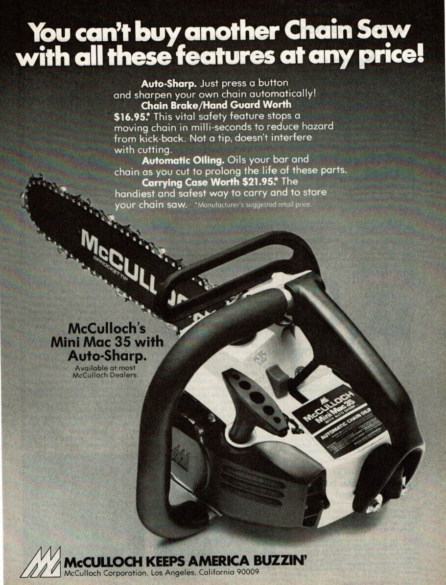 1977 Vintage Print Ad McCulloch's Mini Mac 35 Auto Sharp You can buy Chain Saw