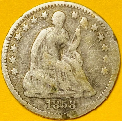 1858 U.S. SEATED LIBERTY SILVER HALF 1/2 DIME 5c COIN (F-Fine)
