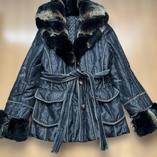 Italian Design Rabbit Fur Trim Medium Jacket Shiny Black Belted Warm Lightweight