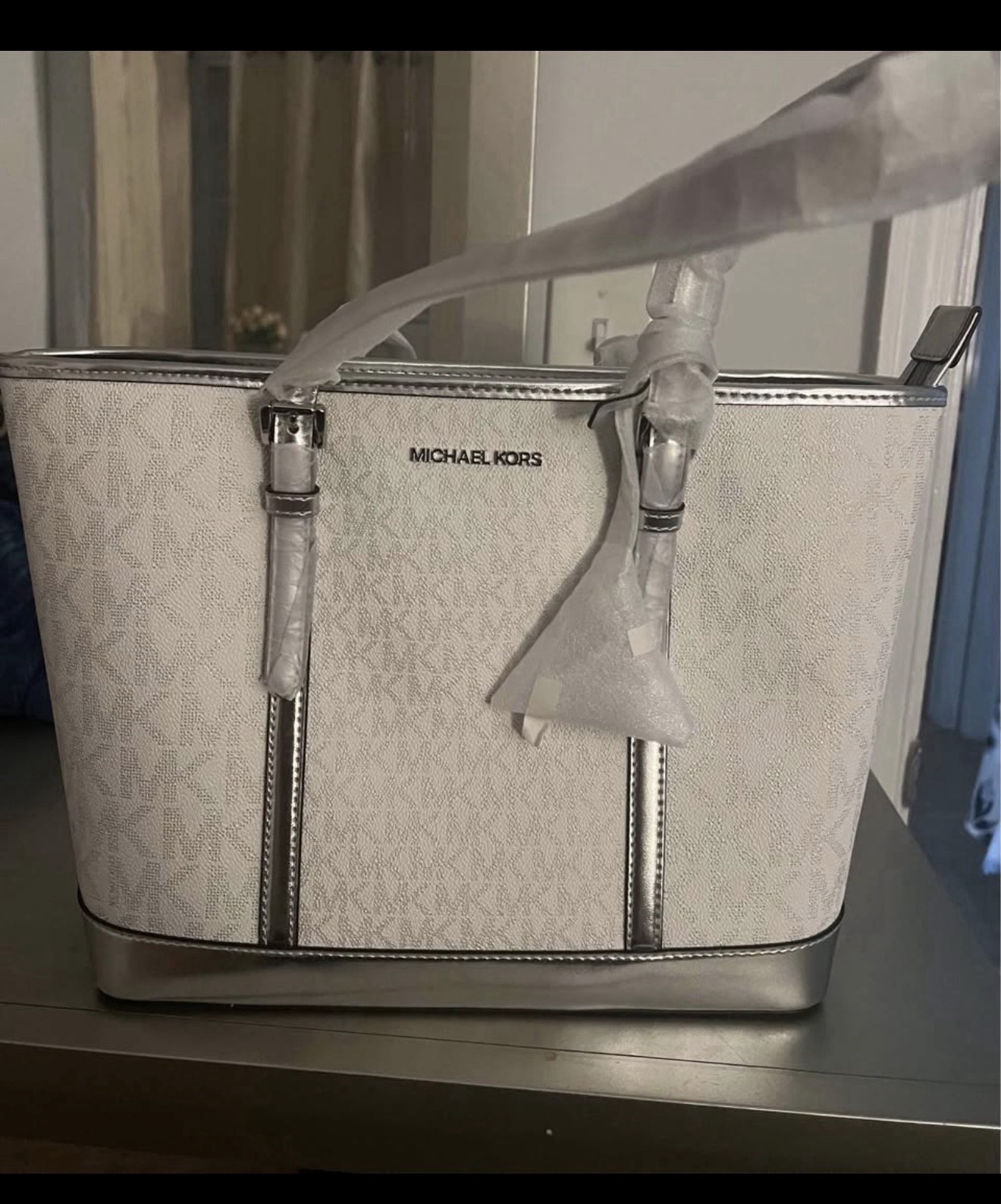 Michael Kors Metallic Silver Logo Tote Bag with Shoulder Strap Zip Closure