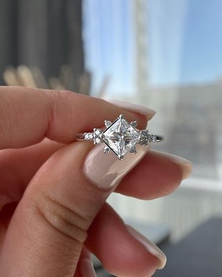 4 CT Princess Cut Cluster VVS1 Moissanite Engagement Ring 14K White Gold Plated