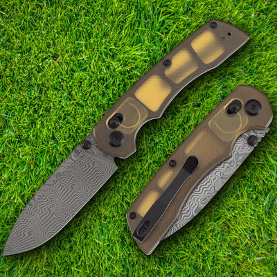 Tenable Knives Kryo Folding Knife 3.5'' Damascus Steel Blade Amber PEI Handle