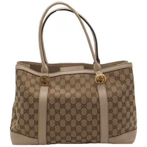 GUCCI GG Canvas Tote Bag Handbag Beige Leather X 353122 Gold Hardware Used 8fe4b