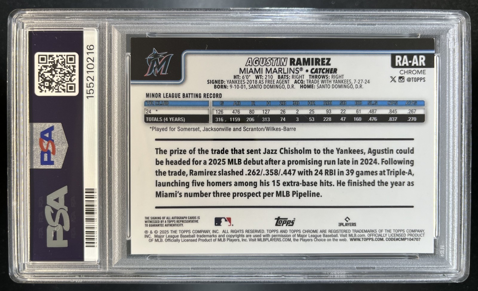 2025 Topps Chrome Agustin Ramirez RC Auto GOLD Refractor /50 PSA 9 Marlins view 2