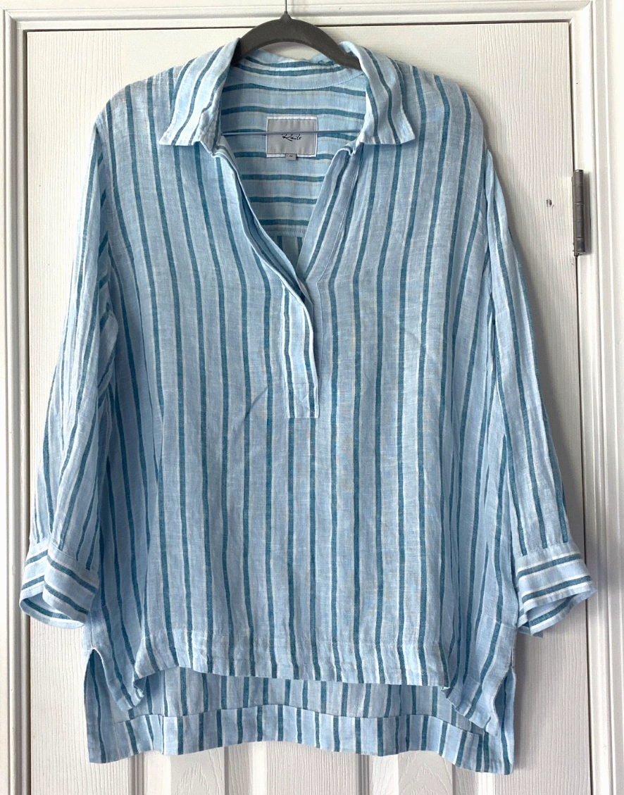 WOMENS RAILS LINEN RELAXED BOHO CAMBRIA STRIPE TOP BLUE 3/4 SLEEVE BEACH MEDIUM
