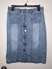 Christopher Banks Blue Denim Midi Modest A-Line Skirt Size 4 Petite Button GUC