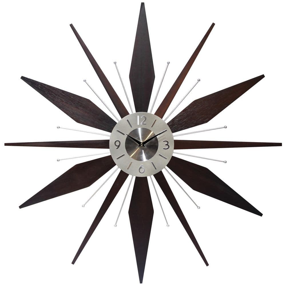 Wall Clock Walnut-Look Wood Frame Starburst Open-Face Design Black Metal Hands