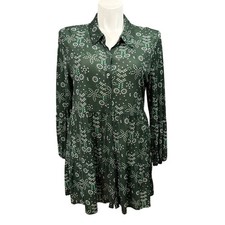 Style & Co Womens XXL Green Floral Button Front Tiered Shirt Dress Long Sleeve