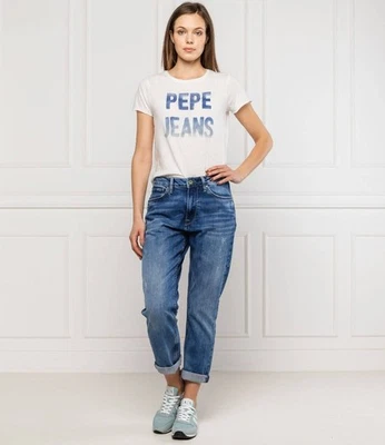 PEPE JEANS Mujer Blanco Calce Regular Gráfico Logo Grande Camiseta Mousse y Azul Nuevo con Etiquetas - Imagen 1 de 4