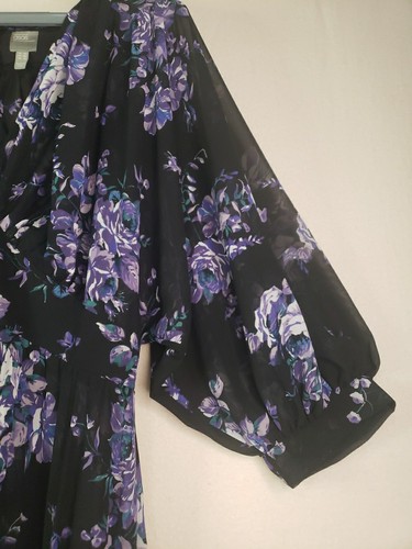 ASOS Maxi Sz 16 Black Purple Floral Long Sleeve Smock Waist Sheer Pleated Dress - Picture 8 of 14