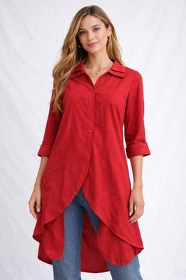 Vintage New Bentley Women s High Low Top Red Size 10 Button Up Long Sleeve Flowy