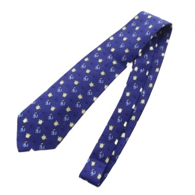 HERMES Silk Tie Chicken Clock Pattern Regular Tie Navy Blue KW GY14