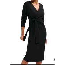 Amour Vert Dress Black Organic Cotton Stretch Midi Tie Waist Long Sleeves Medium