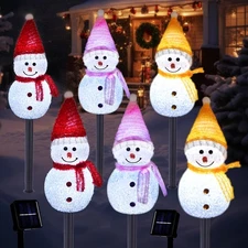 Solar Christmas Pathway Lights Outdoor Decor, Set of 6 Led Snowman Stake Ligh...