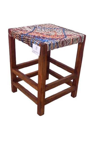 Handmade Wooden Stool | Rustic Woven Rope Charpai Seat | Small Footstool Chair - Image 2 of 4
