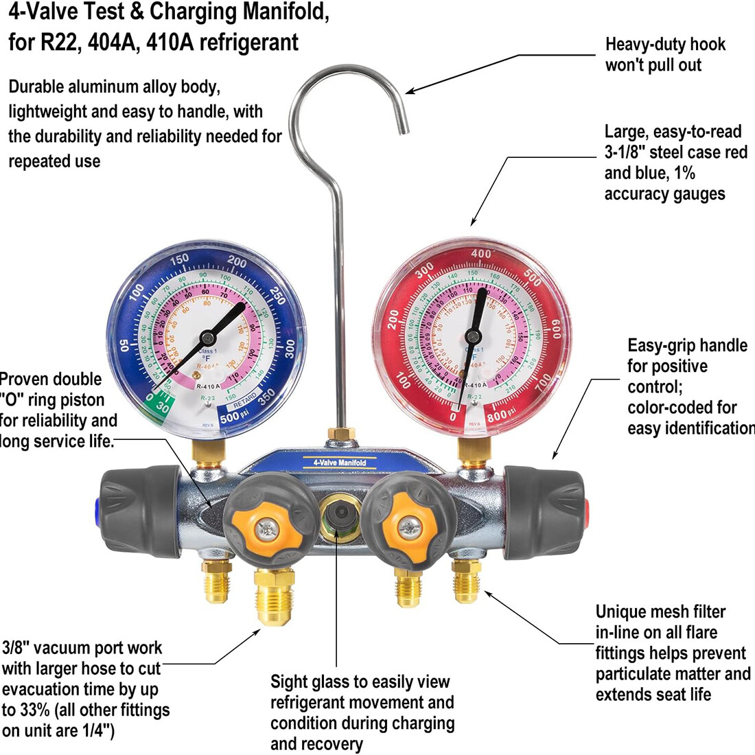 49968 4-Valve Test and Charging Manifold Gauges for R-22/404A/410A 