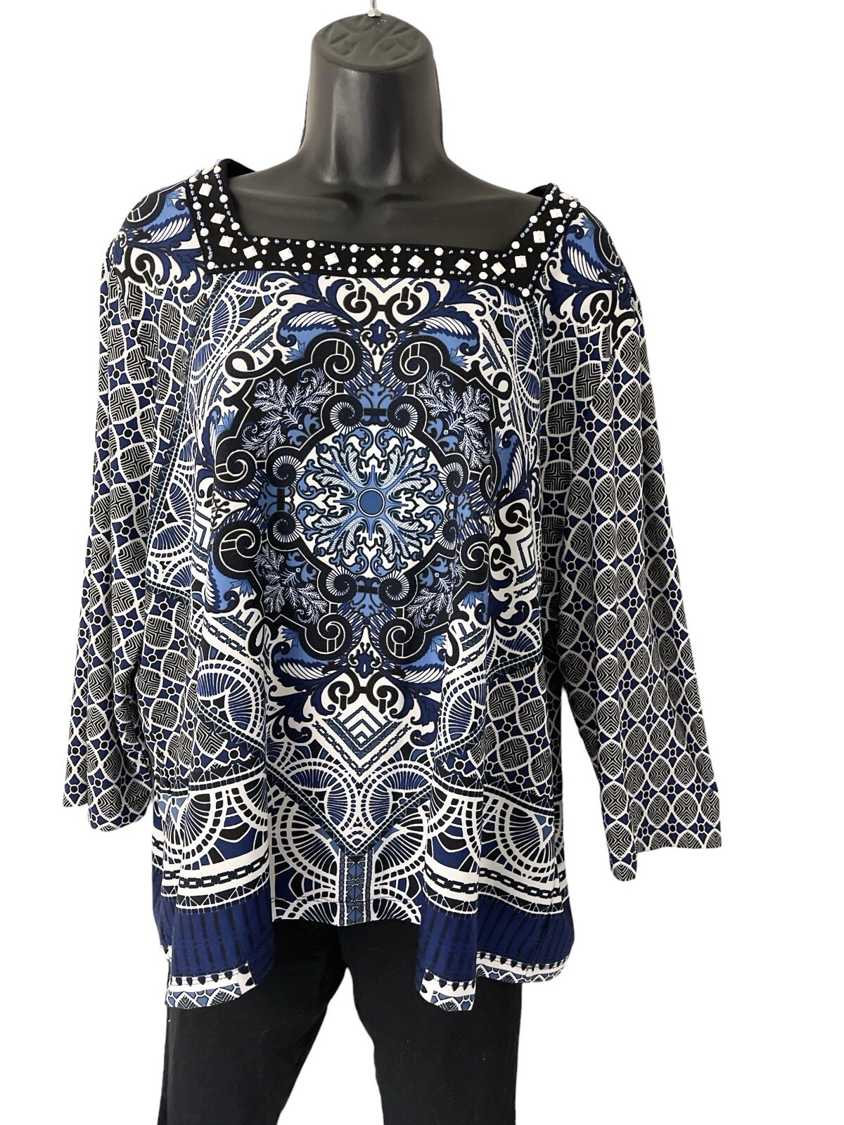 Alfred Dunner Top Womens PXL Blue Paisley 3/4 Sleeve Stretchy Knit Square Neck