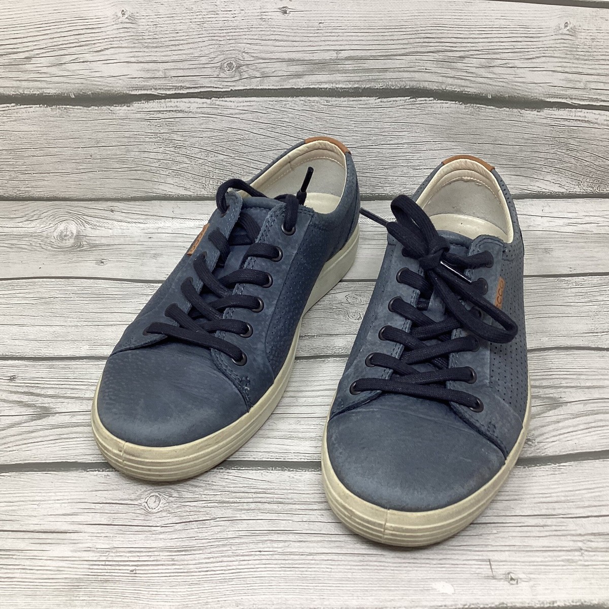 Ecco Mens Soft Sneakers Shoes Blue Leather Lace Up Men