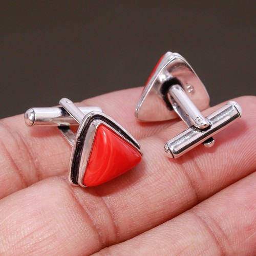 Red Coral Gemstone 925 Silver Handmade Jewelry Cufflinks - Picture 2 of 2