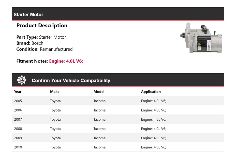 For 2005-2010 Toyota Tacoma 4.0L V6 Bosch Starter (Remanufactured) 2006 2007 - Изображение 2 из 4