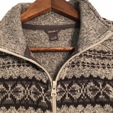 VTG Eddie Bauer Women's XL Nordic Fair Isle Full Zip Sweater Gray Pockets Cabin