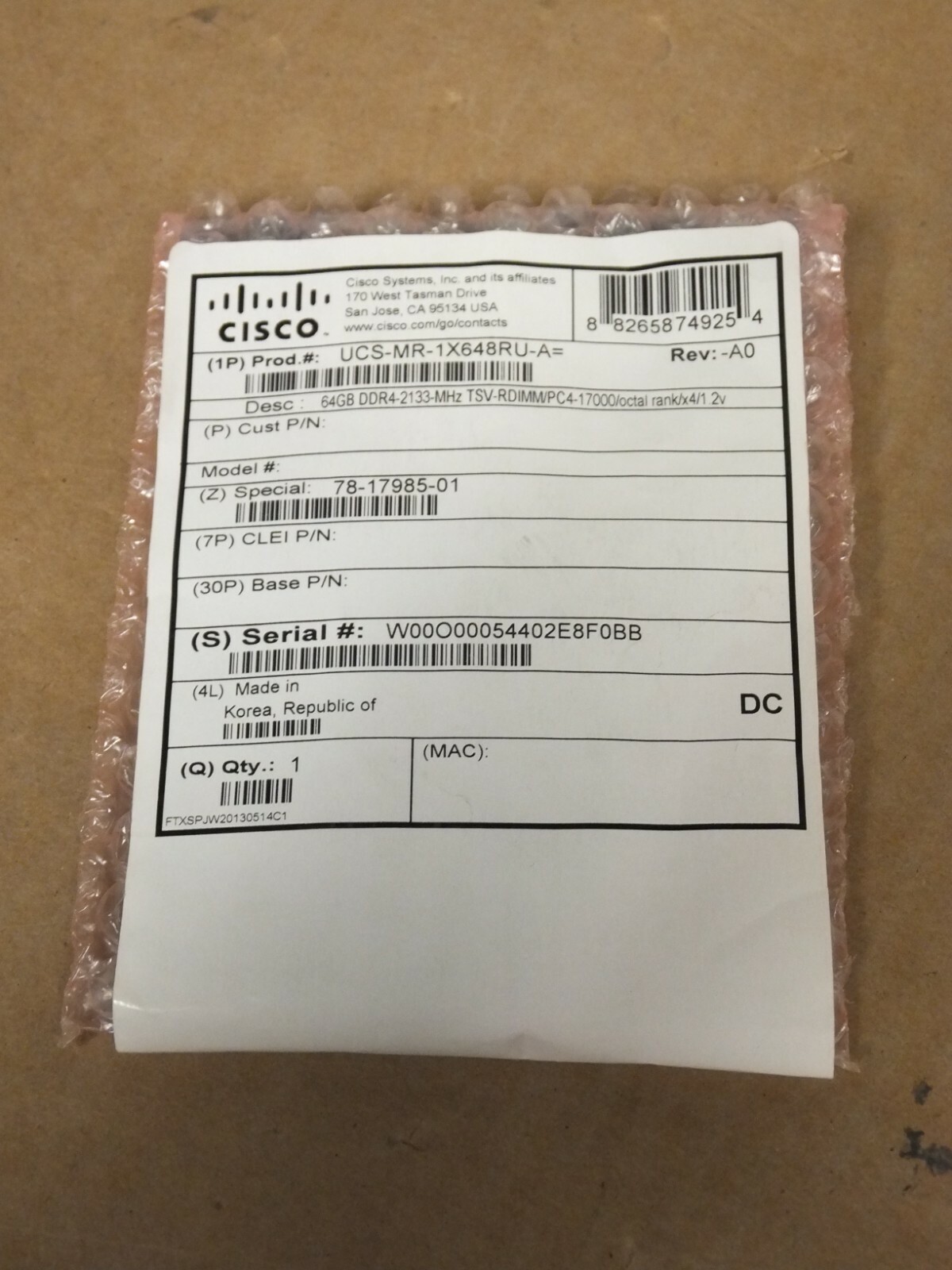 NEW UCS MR 1X648RU A CISCO 64GB 1X64GB 2S4RX4 PC4 2133P MEMORY HP Z8 Z6 Z4 G4 EBay