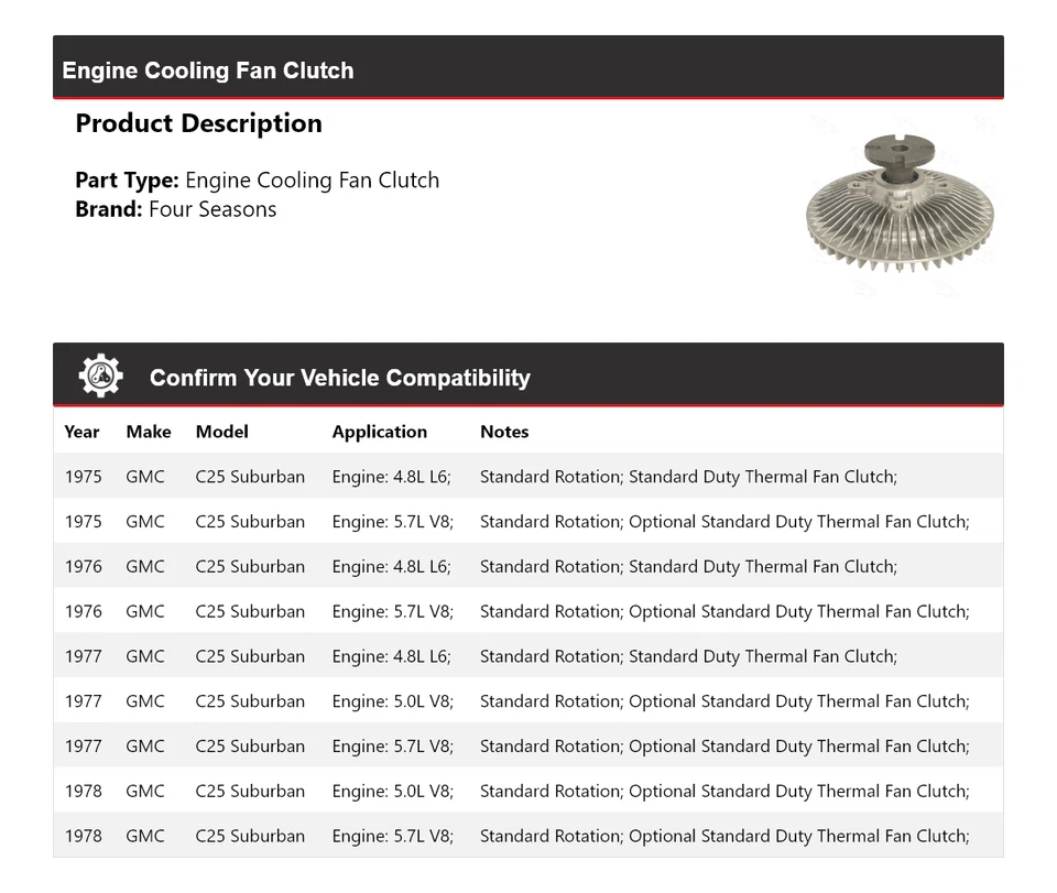 For 1975-1978 GMC C25 Suburban Engine Cooling Fan Clutch 4 Seasons 1976 1977 - Image 2 of 4
